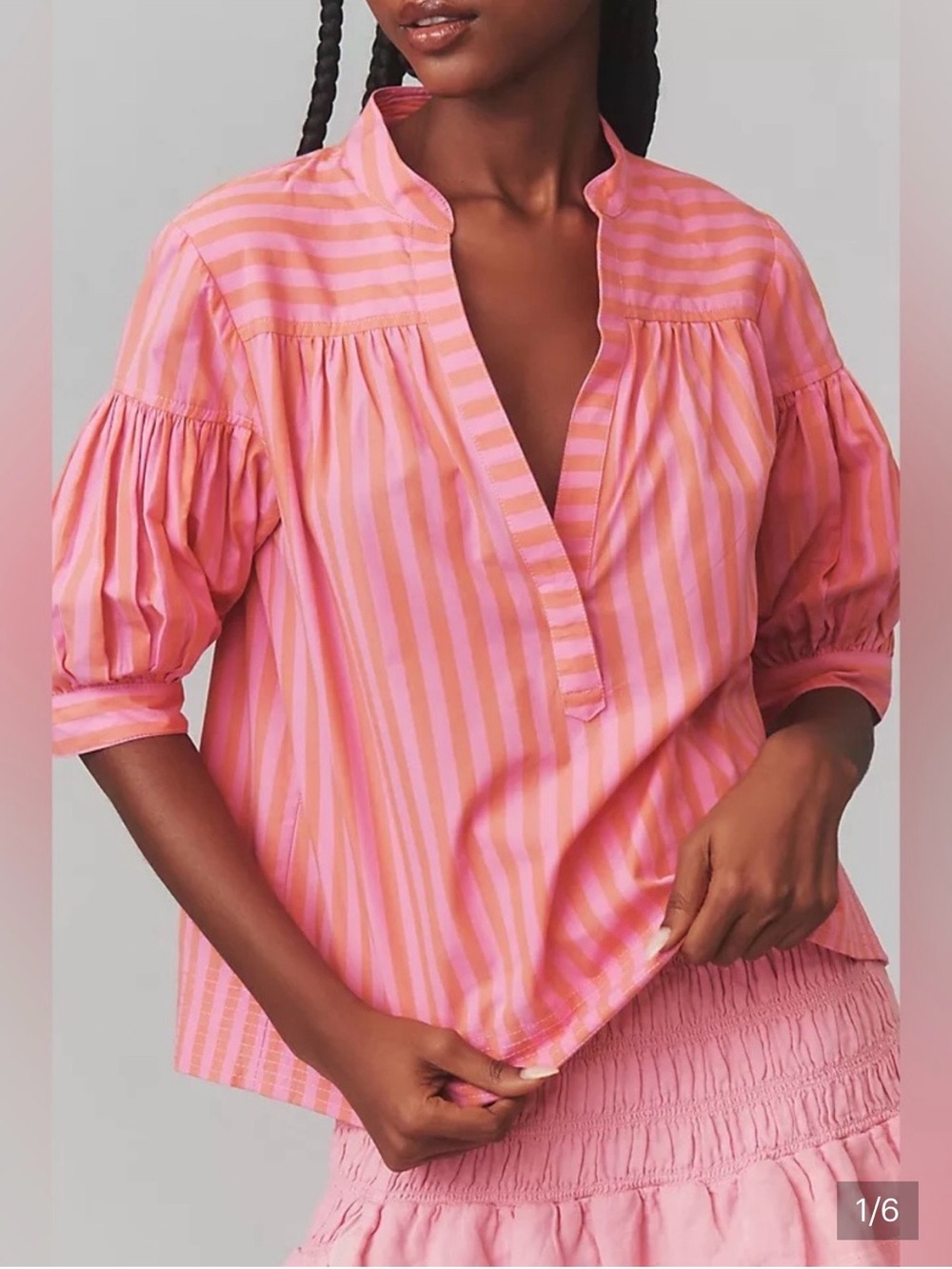 Anthropologie Pink and Coral Striped Peasant Blouse